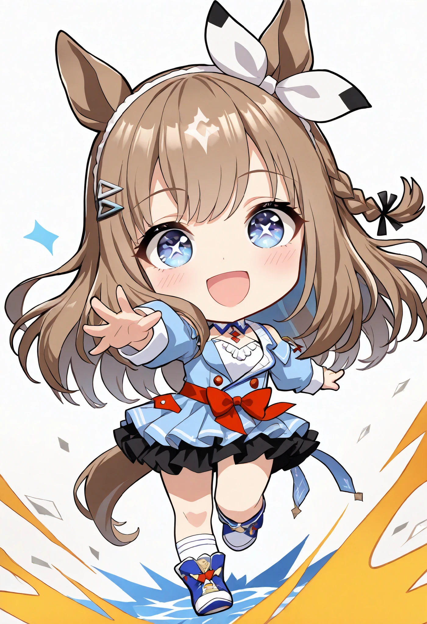 (masterpiece, best quality, perfect face:1.4), wide angle, (((chibi))), almond eye \(umamusume\), running figure, white hair ornament, horse ears, horse tail, tail on the lower back, proportional body, proportional,1 girl, beautiful hair, beautiful face, beautiful detailed eyes, beautiful clavicle, beautiful body, beautiful chest, beautiful thigh, beautiful legs, beautiful fingers, BREAK, blush happy smile (open mouth), realistic skin, HDR, BREAK, good hands, white background,