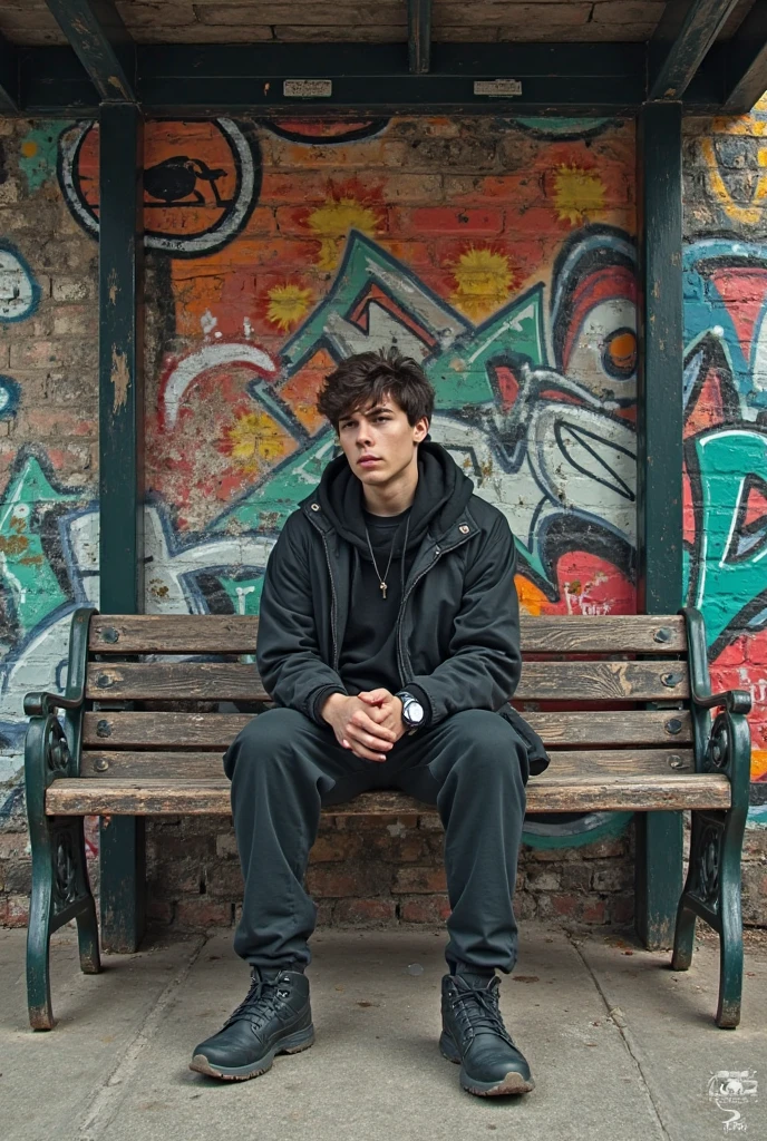 An 18 year old boy with a boyfriend bob hairstyle, wearing a white oversized hoodie and black cargo pants, is sitting on a park bench at night in the countryside
Indonesia