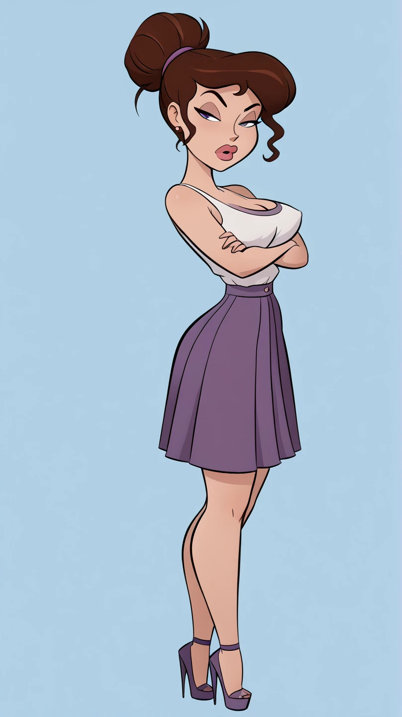 1girl, solo, (Brown hair), bimbo, wearing a purple skirt suit, 8, milf, voluptuous,, ( Masterpiece, 4k resolution, ultra-realistic, very detailed) thick fluffy brunette hair, hair up, curvy bodytype, seductive look, toned body heels, seducing look, arms crossed, attitude, large round breasts, simple background