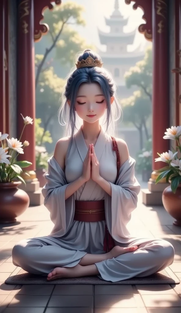 hands clasped,Meditative posture,Peaceful look,gentle smile,Meditation Poses,Buddhist temple background,sunlight shining softly,soft lighting with natural light,religious quiet atmosphere,Traditional Japanese Buildings,high resolution,realistic,4K quality ,masterpieces,Superb Details,Professional Photos,HDR,UHD,Delicate Paintings,bright colors,bokeh