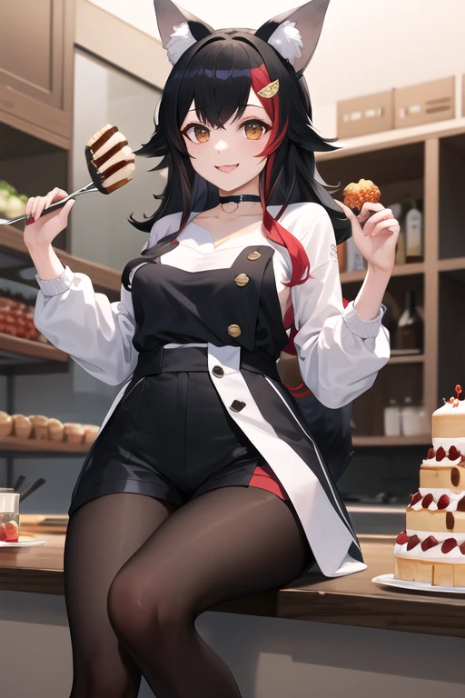 (dynamic angle:1.3, front view:1.1, breast focus:1.3, from above:1.1), (dynamic posing:1.2, sexy posing:1.2), (seductive smiling:1.3), ((looking at cake,Taking a cake out of the golden oven, worried about the outcome:1.2)),highest quality、(real、photorealistic:1.4),(ultra high resolution, 8K RAW photo, clear focus), best qualtiy, natural lighting, field depth, (Bright pupils, detailed beautiful eyes, high detailed face), Red lip, (tight focus:1.2), a girl 22yo old, Wearing a pastry chef uniform:1.3 , Thicc, thin breast, long hair, blue eyes,garter stocking, cleavage:1.2, midriff, black shorts, black thighhighs, thigh strap, pretty girl, (highly detailed beautiful face and eyes,firm breasts),real skin,((black,hair,long pony tail hair)),thin pubic hair,cute,lovely, detailed eyes,(double breasted:1.0,under bust:1.0),(with sparkling eyes and a contagious smile),open mouth, Looking at Viewer,A scene of cooking in the kitchen,looking at the golden oven