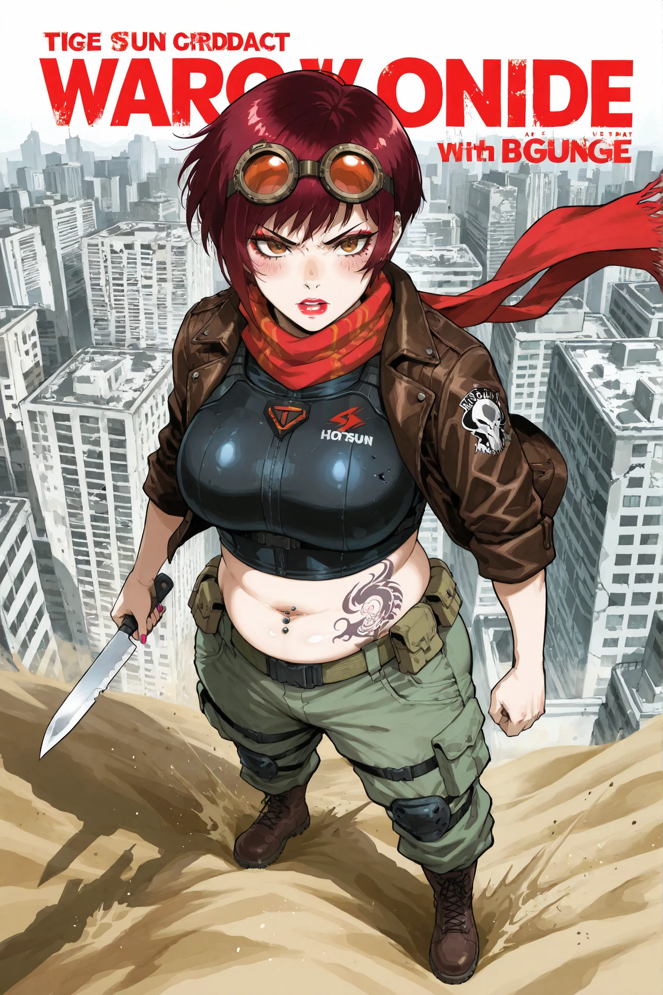 Anime-style manga artwork cover, movie poster, cinematic natural light, great contrast, dark moody atmosphere with intense vibes, 1girl, big natural breasts, rounded ass, dark red hair, pixie haircut, brown eyes, wearing a weathered leather jacket with makeshift armor plates, tactical vest with pouches, sturdy cargo pants, heavy-duty combat boots, a scarf around her neck, utility belt, holding a knife in each hand, smudged makeup with eyeshadow, long eyelashes, blush, glossy red lipstick, belly piercing, tongue piercing, chest tattoos, pink long polished nails, wearing big round goggles on her head, serious fighting expression, standing on a ruined building roof, high-angle wide shot, post-apocalyptic cityscape with damaged buildings, piercing hot sun overhead, intense sunny day, sandstorms swirling around, sand and dust in the air, explosion in the background, small rusted helicopter in the sky, cinematic color grading with warm tones and harsh shadows, big bold red title in a gritty John Wick-inspired style.