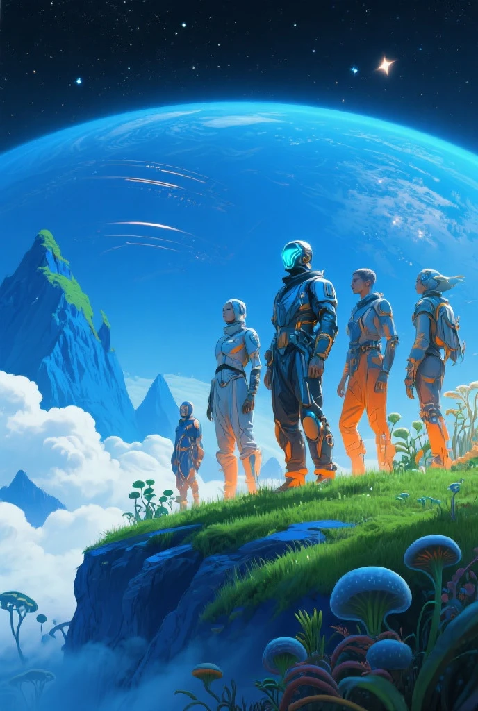 Little humans in wetsuits,White alien world,Alien giant plants,Alien super monsters,Alien Chaos landscape