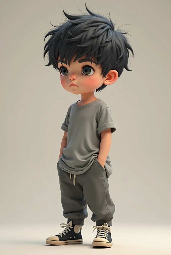 I want a 10-year-old child with black hair. in space wearing black jeans. wearing a dark blue shirt. White sneakers. with your hand in your pocket. with a silver chain. with anime brown eyes