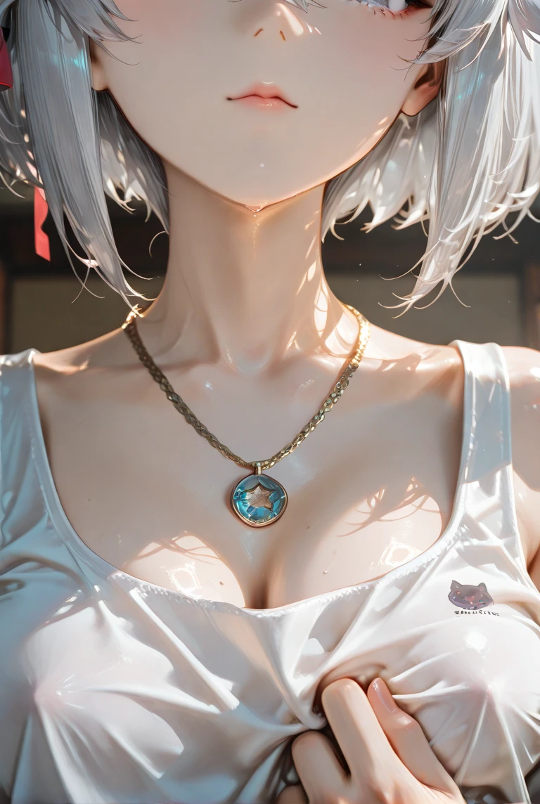 realistic, 1girl, white hair, purple eyes, glowing eyes, crop top, skirt, parted lips, blush, night, flowers, sun, sunlight,