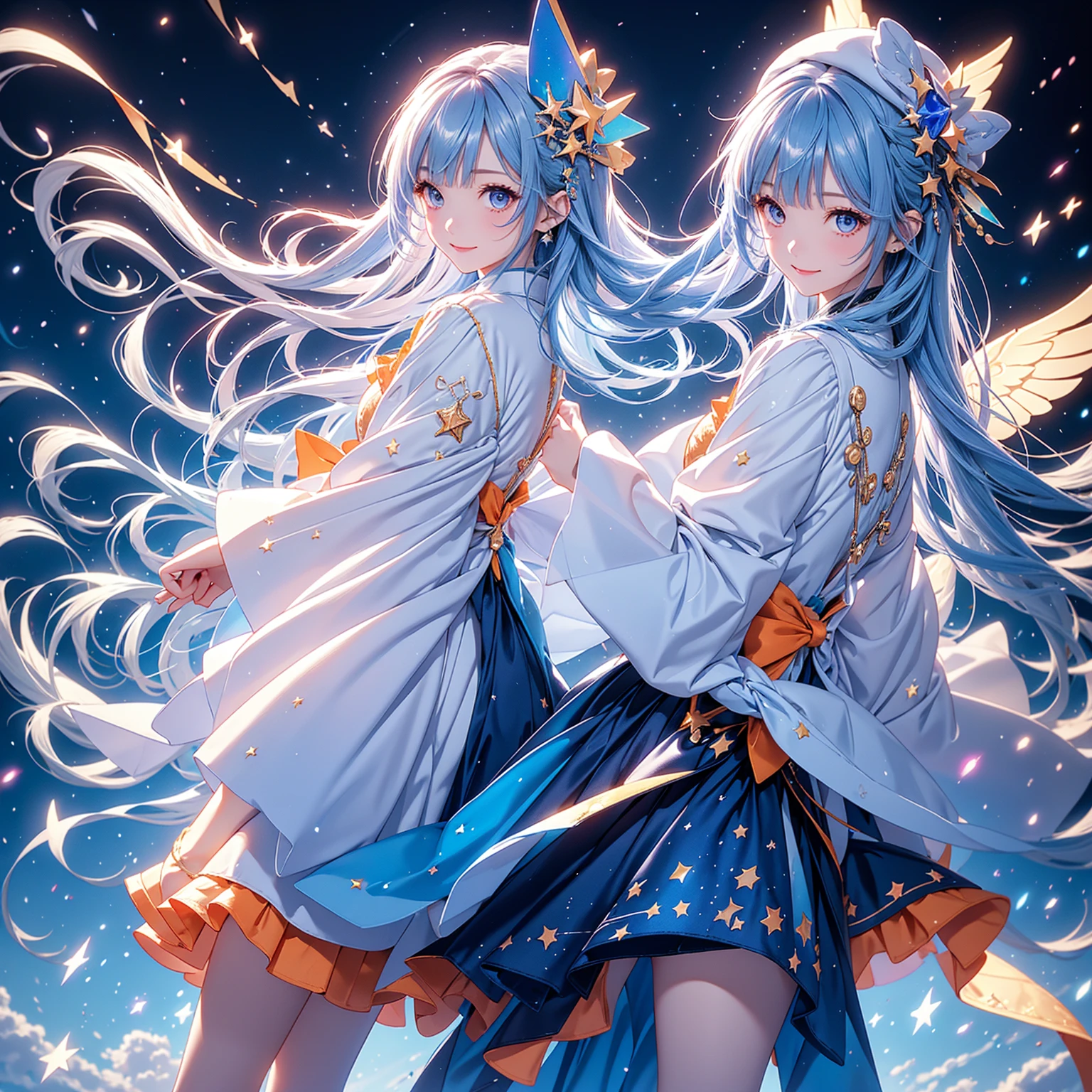 Sky blue hair, (One braided ponytail),(Pink Eyes),Fair skin ,(whole body),(One girl),The goddess,Sky Yue,Tanabata,(The Milky Way in the night sky),Hollow Eyes,Blushing,Straight bangs,(masterpiece, Highest quality, Very detailed, Best Shadow), (Detailed Background), (Beautifully detailed face), High Contrast, (Best lighting, Very delicate and beautiful), ((Cinematic Light)), colorful, Hyper Detail, Dramatic Light, Intricate details,Open your arms