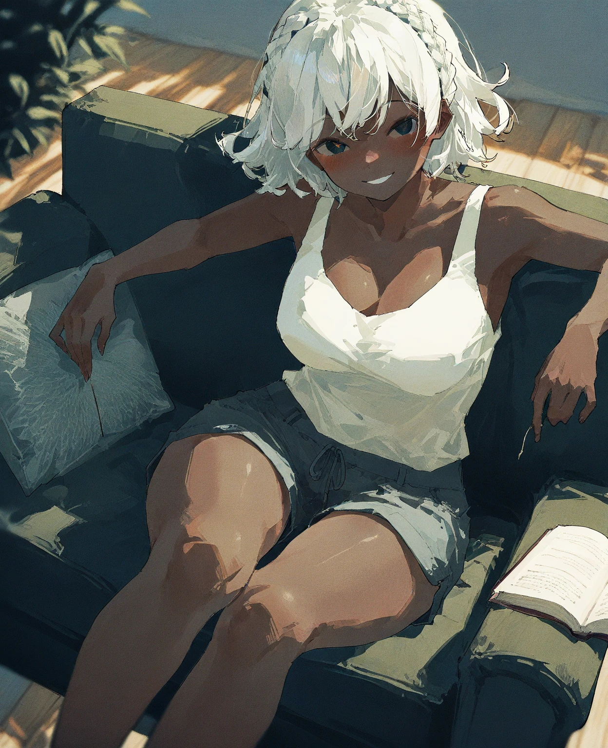 (masterpiece:1.5) (bestquality) highlydetailed, (dark skin) (brown skin) huge breasts, (short hair) (three-sevenths hairdo) (white hair) {brown eyes:blue eyes:0.8}, (cat ears) shy,1girl, animal ears, bare legs, bare shoulders, barefoot, blue eyes, breasts,white hair, cleavage, collarbone, dolphin shorts, feet, grin, large breasts, looking at viewer, midriff, navel, pillow, short shorts, shorts, sitting, smile, soles, solo, strap slip, tank top