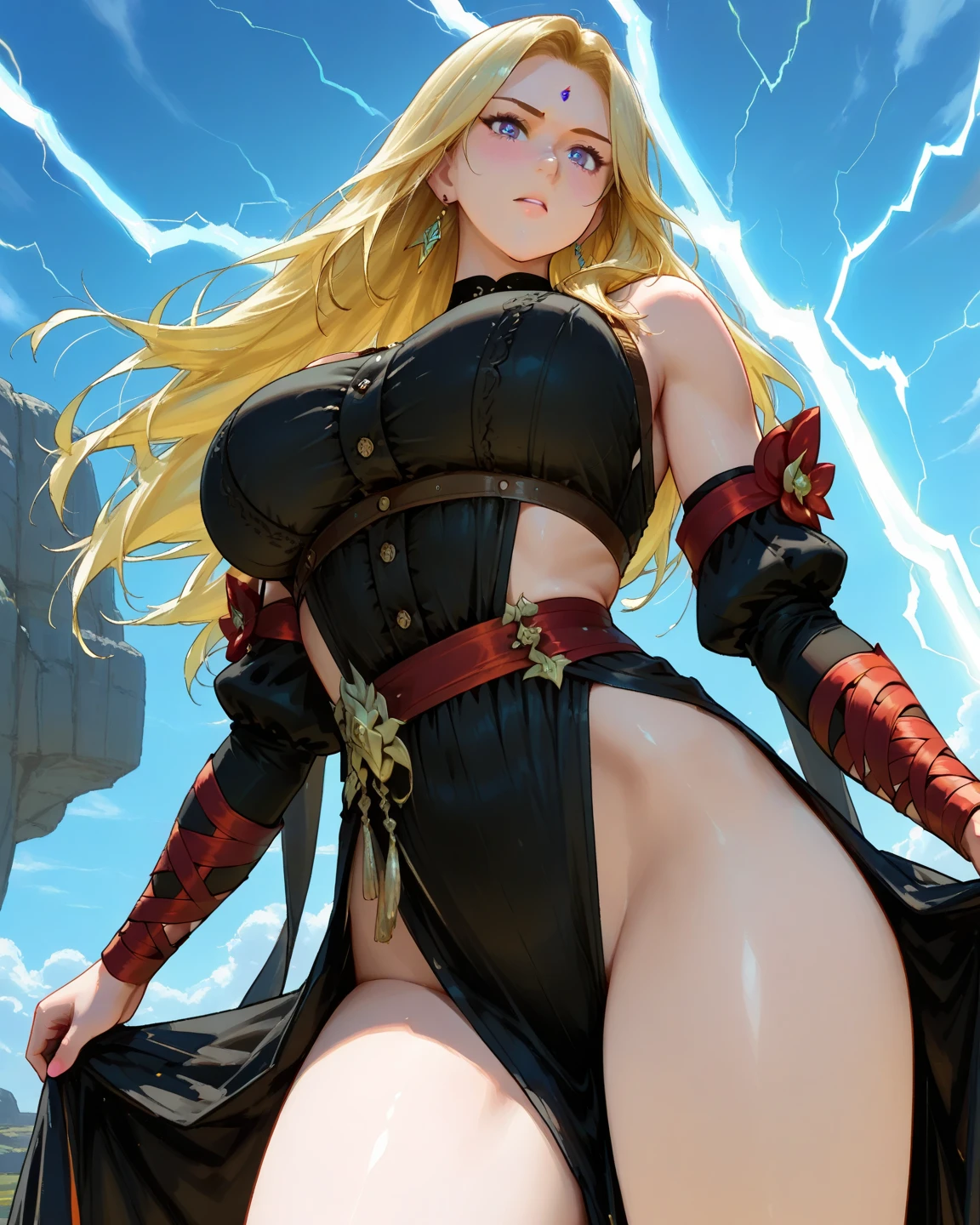 Full body Japanese anime style photo of light skinned woman, Curvilinear body,body detailed, linda, dazzling, sensuous, Beautiful woman.
Ela tem rosto perfeito
Ela tem breasts big(breasts big:1.4).
Ela tem big-ass(big-ass:1.4), hips up, thick-thighs, Broad Hips, Wide buttock.
She has delicate and detailed fingers,,human hand,(face detailed)
She has long legs, wet legs.
Ela tem pele Ablaze e Ablaze:1.5,pele Ablaze: 1.5, pele Ablaze, pele muito Ablaze,corpo Ablaze, pele Ablaze exagerada.
She has beautiful blue eyes full of light and beautiful details, perfects eyes, upturned eyes:1.3,beautiful detailed eyes,Beautiful, detailed eyes:1, big highlight on eyes:1.2,Oblique eyes.
she has blond hair,(hair blonde:1.35) long hair, wavy, vibrant, soft, Ablaze,
She has rosy lips and cheeks.
She wears a short pleated Japanese style skirt. The skirt is translucent and iridescent in navy blue decorated in gold., Ablazes e dazzlings cores vivas.
She wears a black garter belt.
She wears an underboob style top with her belly showing.
Camera captures full body portrait,(solo 1girl) sexy pose with your skirt and your hair a little lifted in the wind breeze.
Background scene is in the city of ancient Japan.