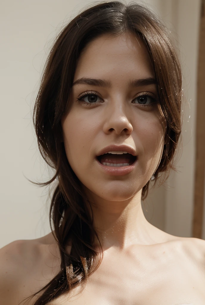 NSFW,POV, bird's eye view, close up of face with mouth open,(best quality, photorealistic,8K,tmasterpiece:1.3),Beautiful naked jennifer connelly in Perfect Figure kneeling on floor :1.4,Slender abs:1.2,Moist body:1.5,Highly Detailed Face and Skin Texture,Detailed eyes,Enchanting woman,seductive, naked, look up at you, eyes on camera, mouth open