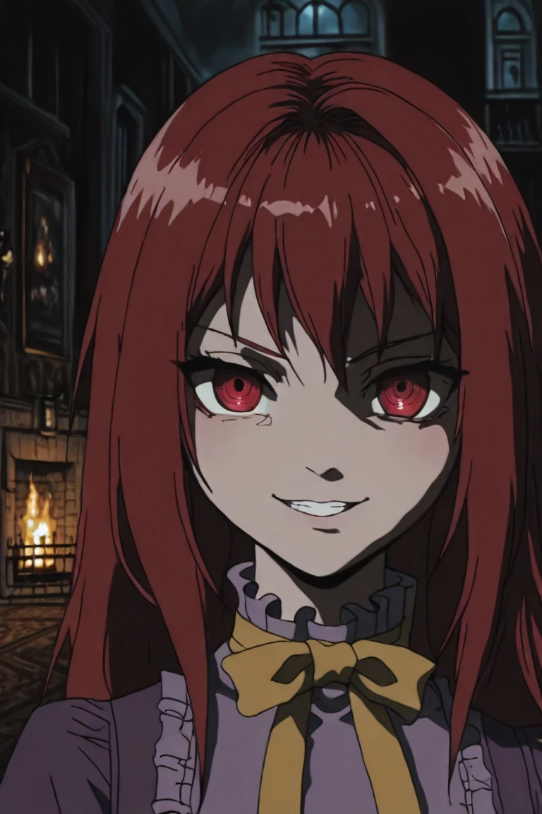 solo, female, cat ears, cat tail, red eyes, dark red hair, long wavy hair, large breasts, black tears, black mascara, runny mascara, cleavage, yandere, yandere smile, dark, night ,horror, vhs effect, horror, medieval