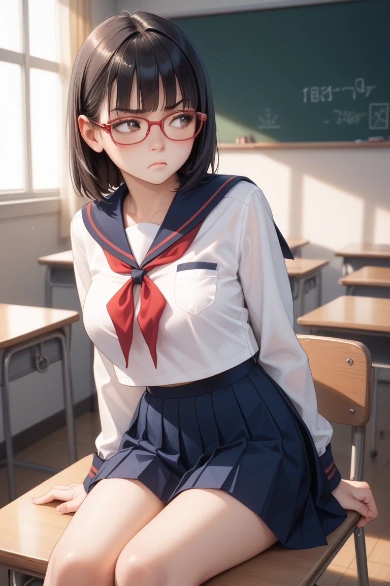 ((perfect anatomy:1.3,realistic:1.3,RAW Photography:1.3,masterpiece、highest quality、Ultra - High resolution、High resolution、Highly detailed CG、8K)),cowboy shot,1 female,solo,18 year old beauty, Japanese、((beautiful detailed face and eyes:1.2,big gorgeous eyes:1.2,black rim glasses))、black hair,short bob hair,(center parted hair:1.4,forehead),medium breasts,slender body,small head:1.3,skinny,(oily skin,gleaming skin,shiny skin,sweat:1.5),(Student uniform、sailor suit、short sleeve、Black sailor collar、Red neckerchief,pleated mini skirt、white panties、love juice、bare legs),sitting,spread legs:1.59、classroomの床、classroom、