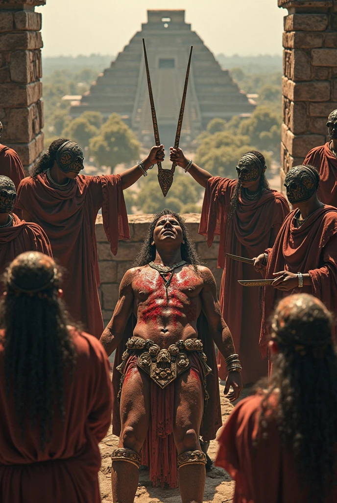 The first man with both wrists tied and he is facing a pole his back naked. Last there is the second man whipping him with a whip. the ground and the whip are bloody . The second man who is whipping the first man has a sadistic smile. The first man, who is being flogged, suffers with courage. The scene is violent and cruel.