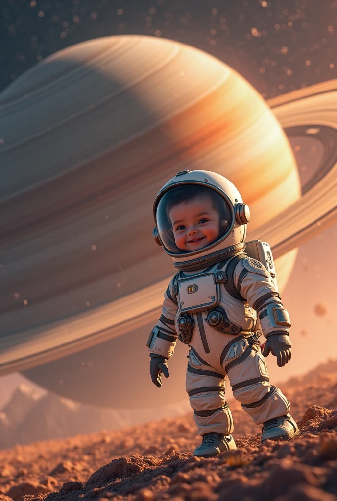 Draw me a picture , chubby boy is an astronaut who landed on Saturn