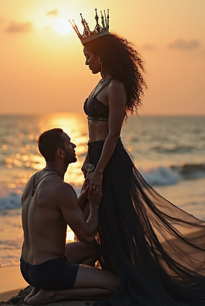 Black headscarf on the beach, white long sleeve t shirt, baggy black sweatpants, barefoot, Sexy skinny woman. Man kneeling in front of woman, Woman touching the front of a man's sweatpants with her foot and laughing.