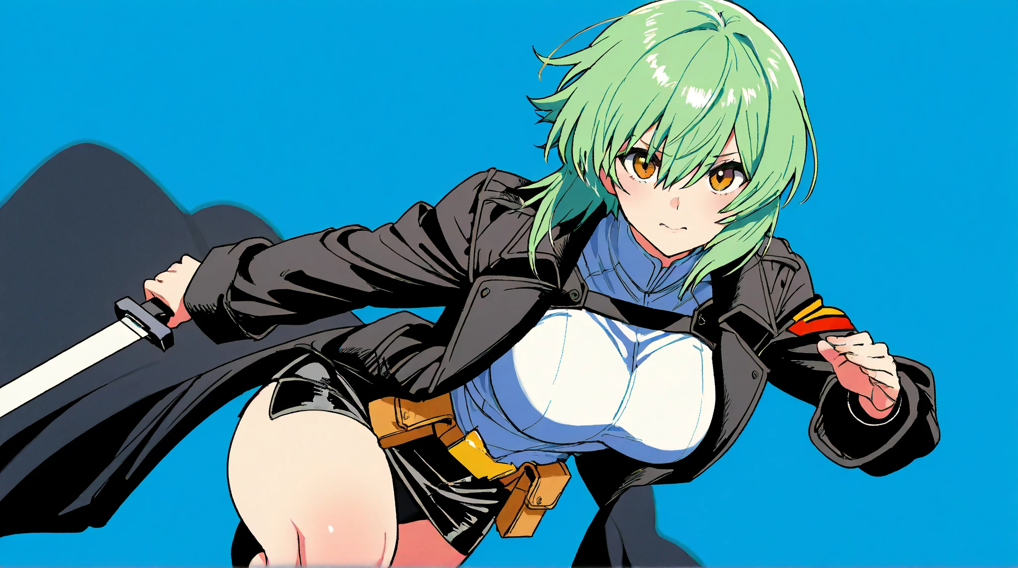 brandish, 1girl, solo, white background, anime coloring, , nude, navel, legs, nipples, scared, angry, looking up, pussy, green eyes, nude, armpits