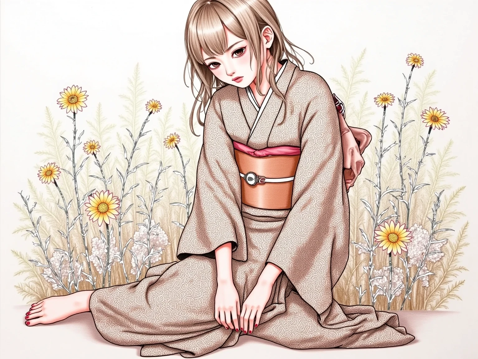 pop art、digital artwork、drawn with brown ink on white paper、Japanese kimono、White and brown brushstrokes、 melancholy expression、upper body、Thin slant 、very detailed and dynamic、 express shadows with precise lines 、Delicate and accurate expression、colorful shadows、modern art、