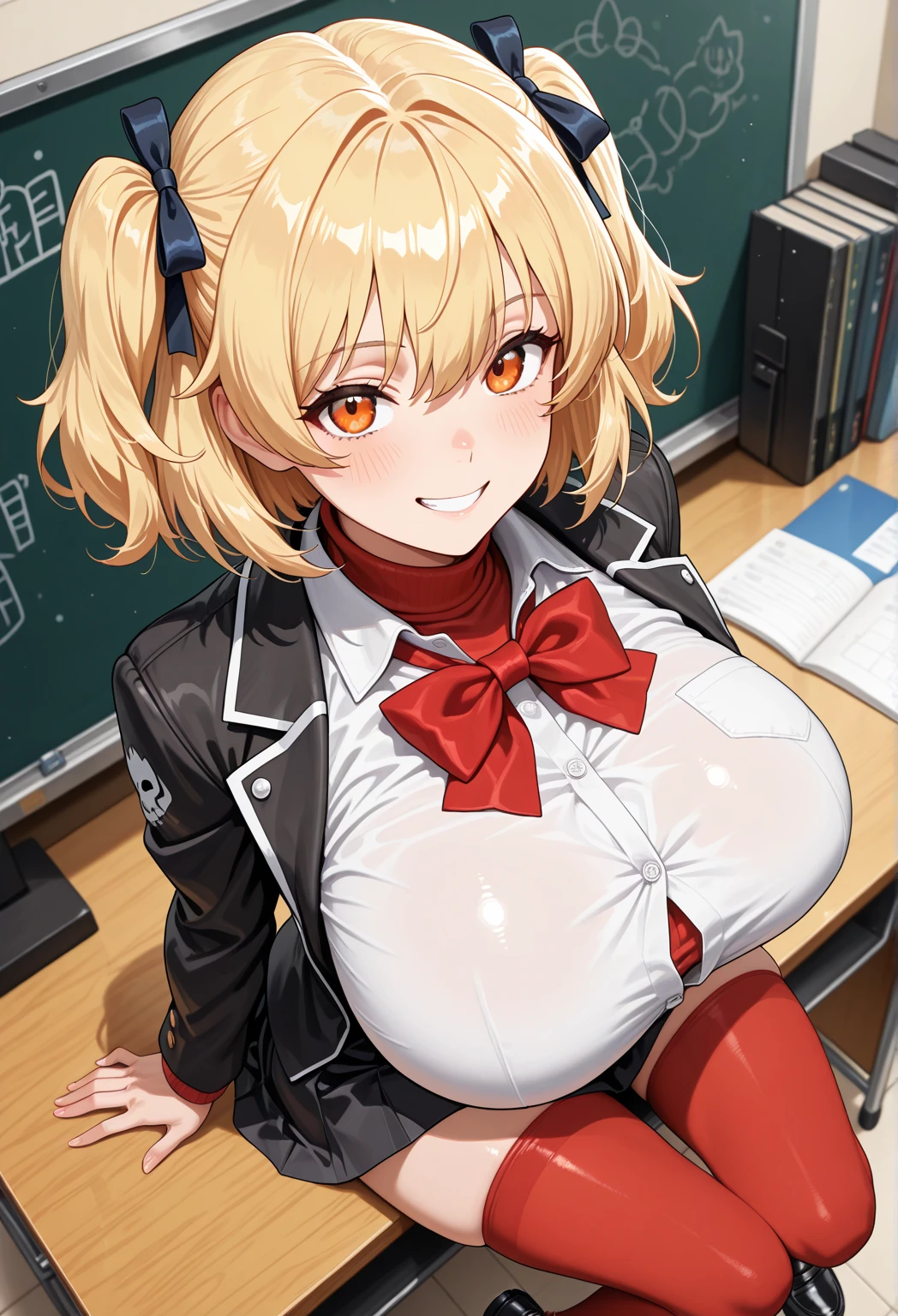 score_9, score_8_up, score_7_up, source_anime, chisatonishikigi, chisato nishikigi, short hair, bangs, blonde hair, red eyes, hair ribbon, one side up, bob cut, smile, shirt, long sleeves, dress, ribbon, white shirt, collared shirt, belt, neck ribbon, red dress, blue ribbon, pleated dress, grey dress, two-tone dress, red belt, lycoris uniform, looking at viewer, uncensored,rating explicit,Breast squeeze,1boy,underwear, hetero, ((paizuri)), (pov),happy smile,cum , PaizuriOnLap,breasts, looking at viewer,indoors, curvy,((open shirt)),open mouth,