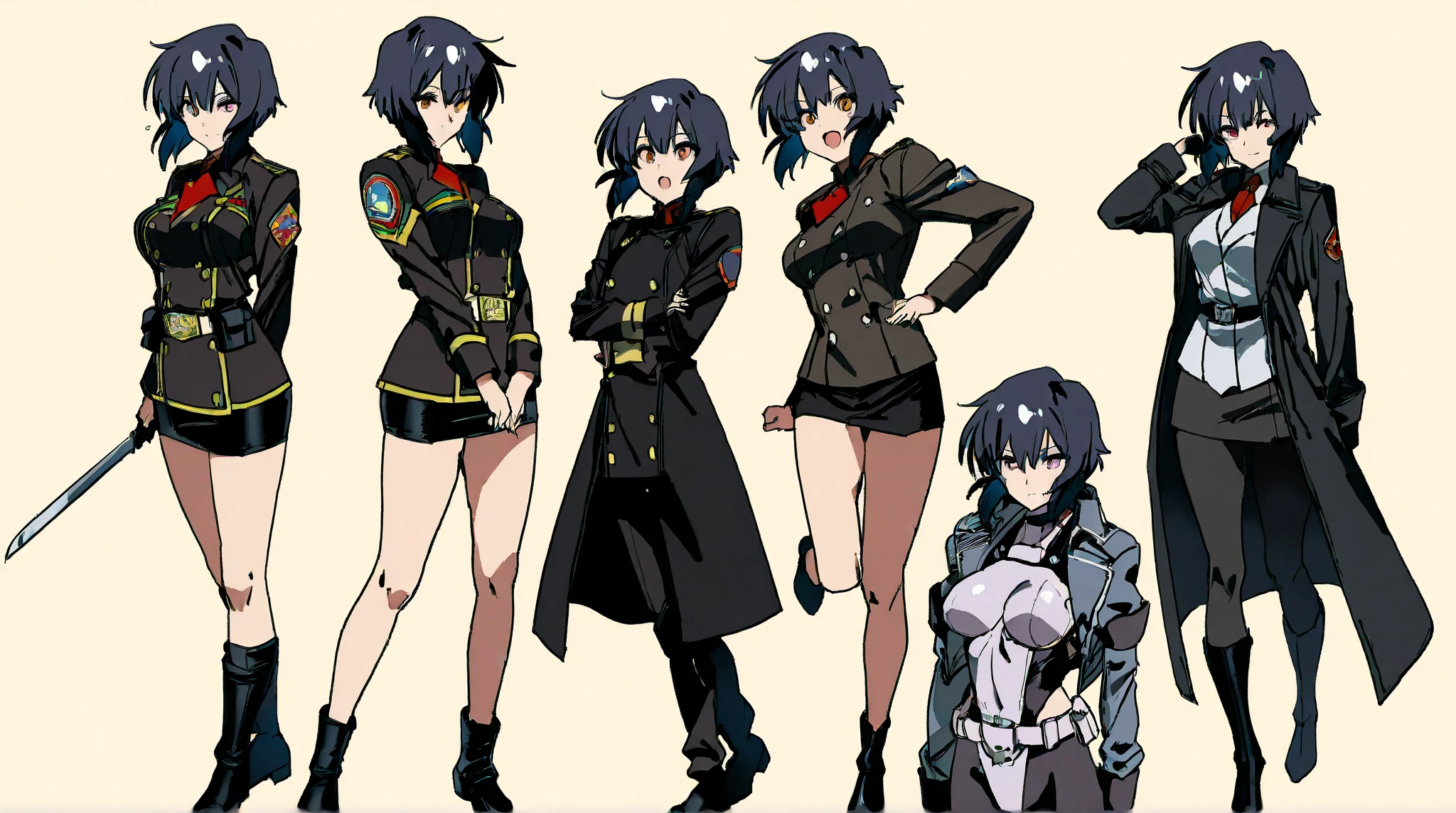 Masterpiece, Best Quality, Highly detailed, illustration, absurdres, street fighter, doll suit, shadaloo doll, nazi saluting, military, military saluting, salute, 3girls, teams, expressionless, emotionless eyes, looking at viewer, red gloves, emotionless, black latex, corrution, zofa suit, zofa soldier, mind control, female combatant, full body, hypnotized, standing, standing at attention, unhappy trance, full body suit, leotard, eagle emblem, belt, You-Know-Who, code geass, black green hair, red eyes