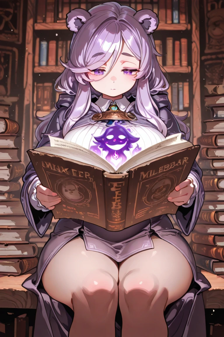 Highest quality, masterpiece, Ultra-high resolution, One Girl,Large round glasses,Loose-fitting clothing,gigantic breast,A dark aura emanates from the huge black book.,Antique trunk