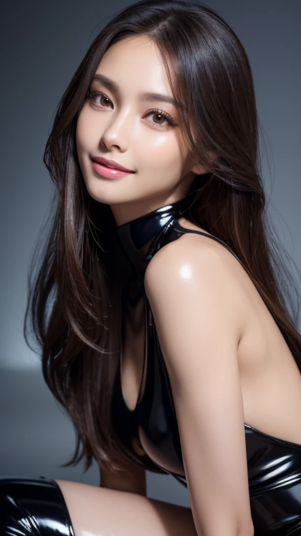 Latex bodysuit、Knee-high boots、Huge 、Long brown hair、Shiny, Oily skin、Glowing Skin、Indoor competition pool、White skin、Flying debris, Highest quality, Realistic, Very detailed, finely, High resolution, 8K デンデ wallpaper, One beautiful woman,, Light brown messy hair, Wear a business suit, Sharp focus, Perfect dynamic composition, Beautiful and detailed, Detailed Hair, Detailed Realistic skin texture, smile, Close-up portrait, Model body type