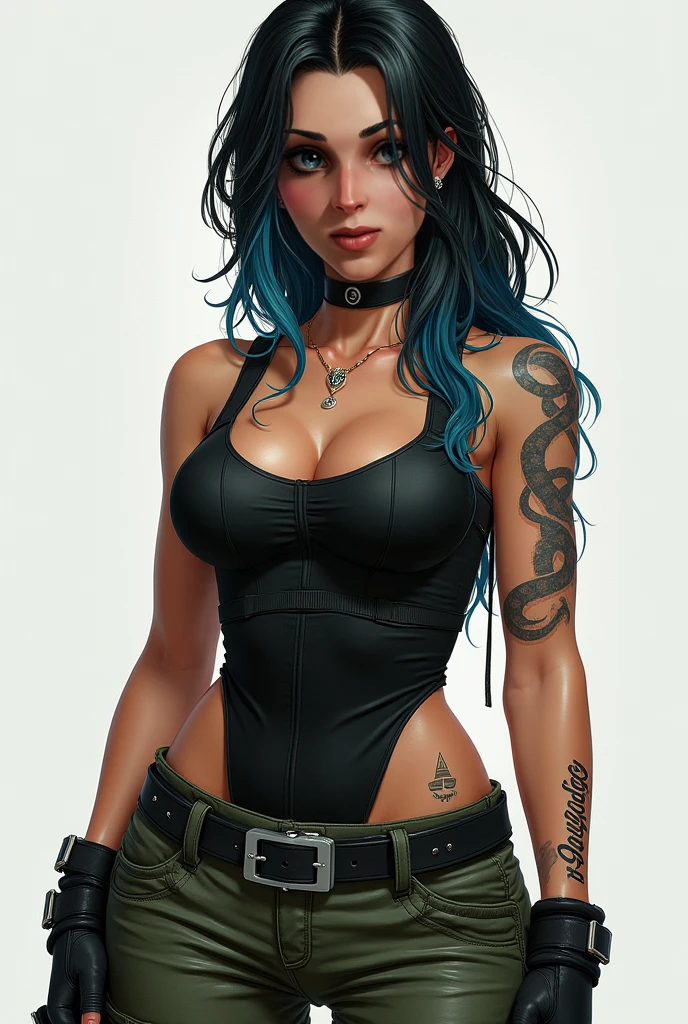 A stampunk woman in a black mini dress, with her hair intertwined, with tattoos in a world created with 8k technology, large breasts, full body.
