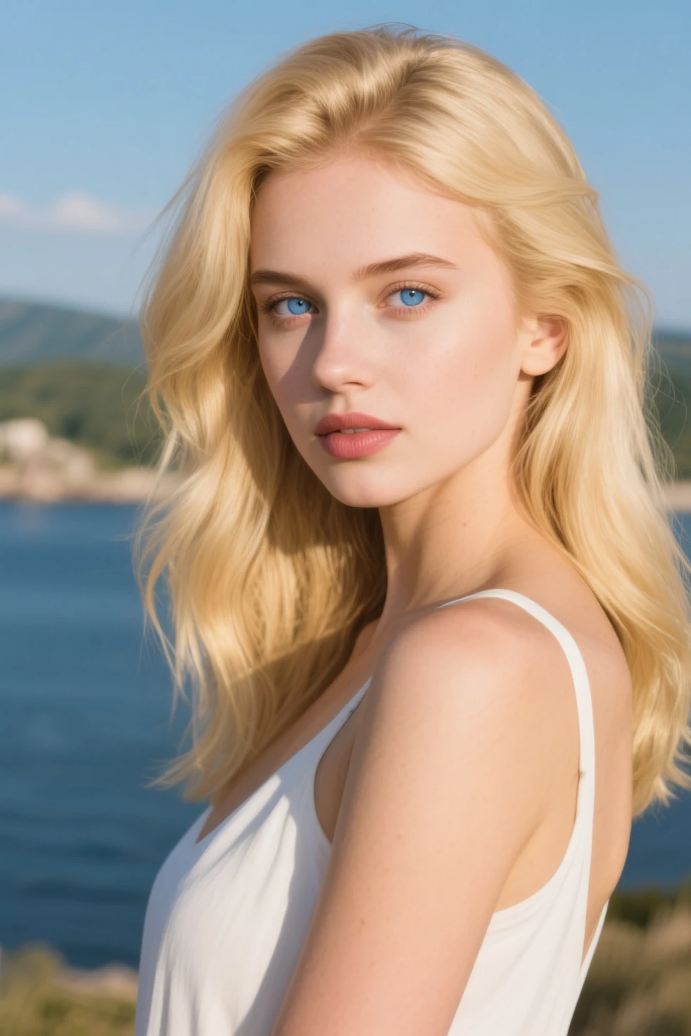 frau, Realistischer Charakter，frisiertes blondes Haar, white bikini，blaue Augen, Anime big, allein, modern, Cyberpunk
