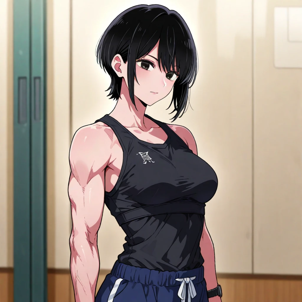 Close-up of a woman with short brown hair, blue eyed woman, big breasts, had very large breasts, Made at Anime Painter Studio, Tits, clothing:black sports bra, 女性がAre standing, anime style, muscular woman, feminine and muscular, tall, high school girl, adult sex appeal, wore long pants, Are standing, sports bra with an black, long pants with an red, anime dick!!!!, bare shoulders, bare arms, from the front, female focus,