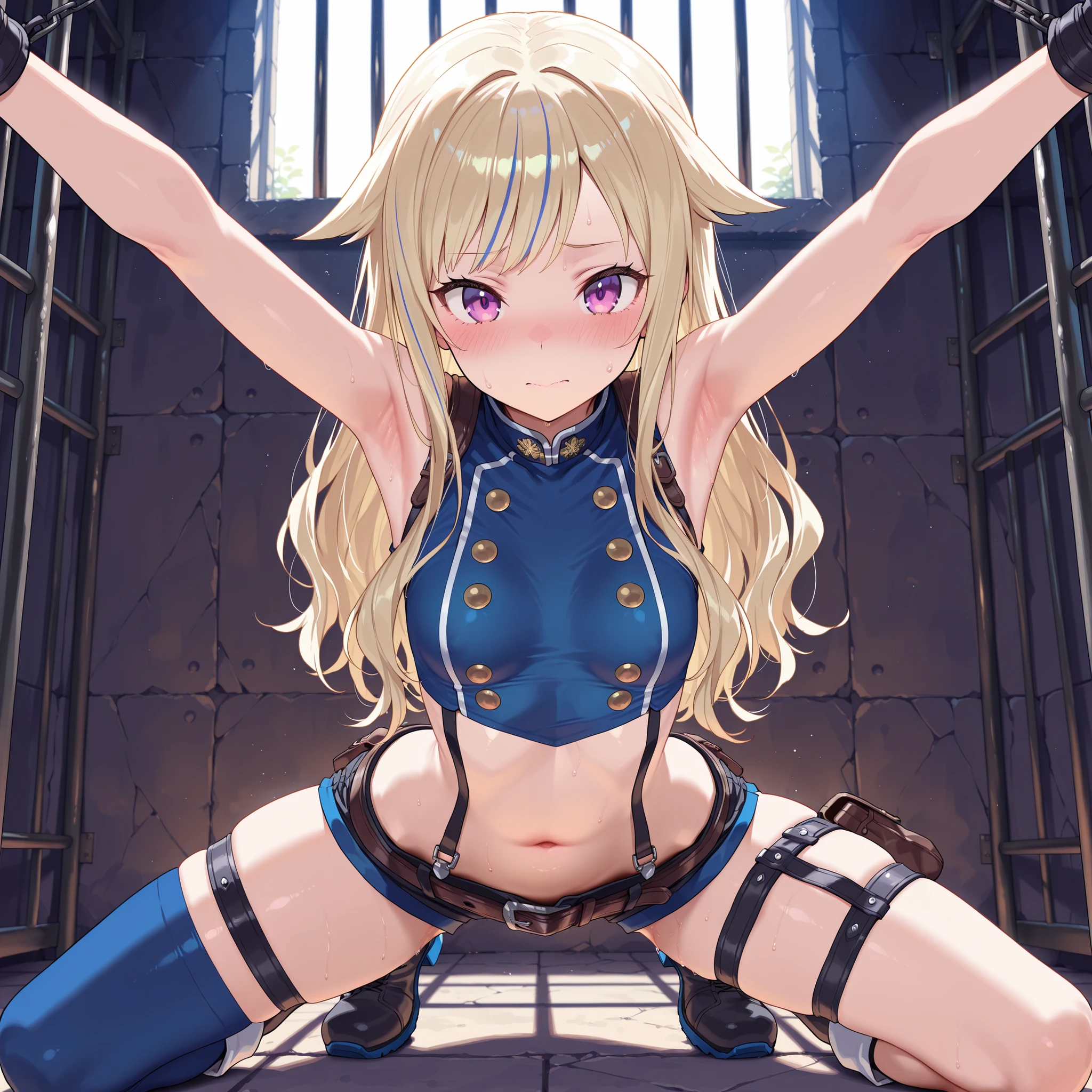 masterpiece,best quality, amazing quality, highres, absurdres, very aesthetic, high resolution, ultra detailed, perfect details,suzuki hina, blonde hair, long hair, streaked hair, hair flaps, purple eyes, skinny, small breasts, blue thighhighs, blue crop top, fingerless gloves, midriff, single thighhigh, sleeveless, suspender shorts, thigh straps, belt, pouch, , boots,On ground, arched back, spread arms, BDSM,Indoors, prison cell,nsfw,armpit focus,look at viewer,nsfw,embarrassed,bent over,armpit focus、kneeling
