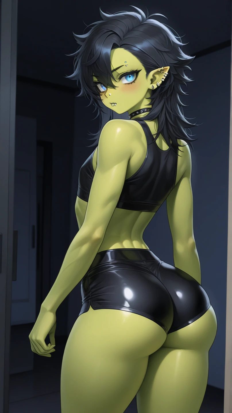 (solo:1.1),(masterpiece), (best quality:1.3), highly detailed, intricate, professional art, digital art, absurdres, confidant, emerald sustrai, futanari emerald sustrai wearing a white and green leotard with arm gloves and pants confidently in a club, (pants:1.6), 1girl, solo, (dark brown skin:1.5), green hair, bob hair, gold hoop earrings, gold jewellery, ab lines,(gold navel piercing:1.1), detailed stomach, red eye colour, dark skin, average breasts, (aroused:1.2), (futanari:1.1), (wide hips:1.4), (makeup 1:1), beestung lips, (black lipstick:1.3), (thick veiny dark brown penis:1.2), unzipped pants, large testicles , furniture, fontal view, universal lighting