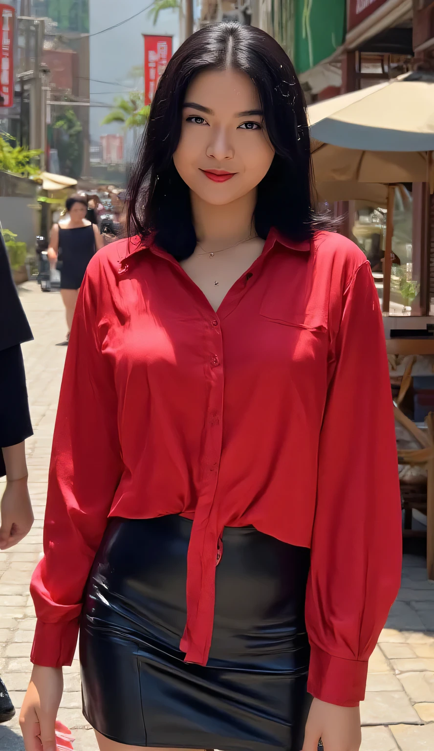 a woman, walking in the middle of town, facing the camera, using a red satin material shirt, using a short latex skirt, huge breasts, red lips, black hair up to the shoulders
