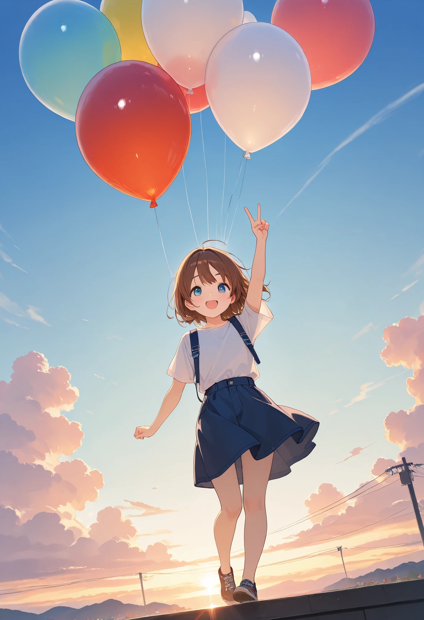 one-girl, Balloon in hand, In the background are a lot of balloons that have lifted off.blue-sky