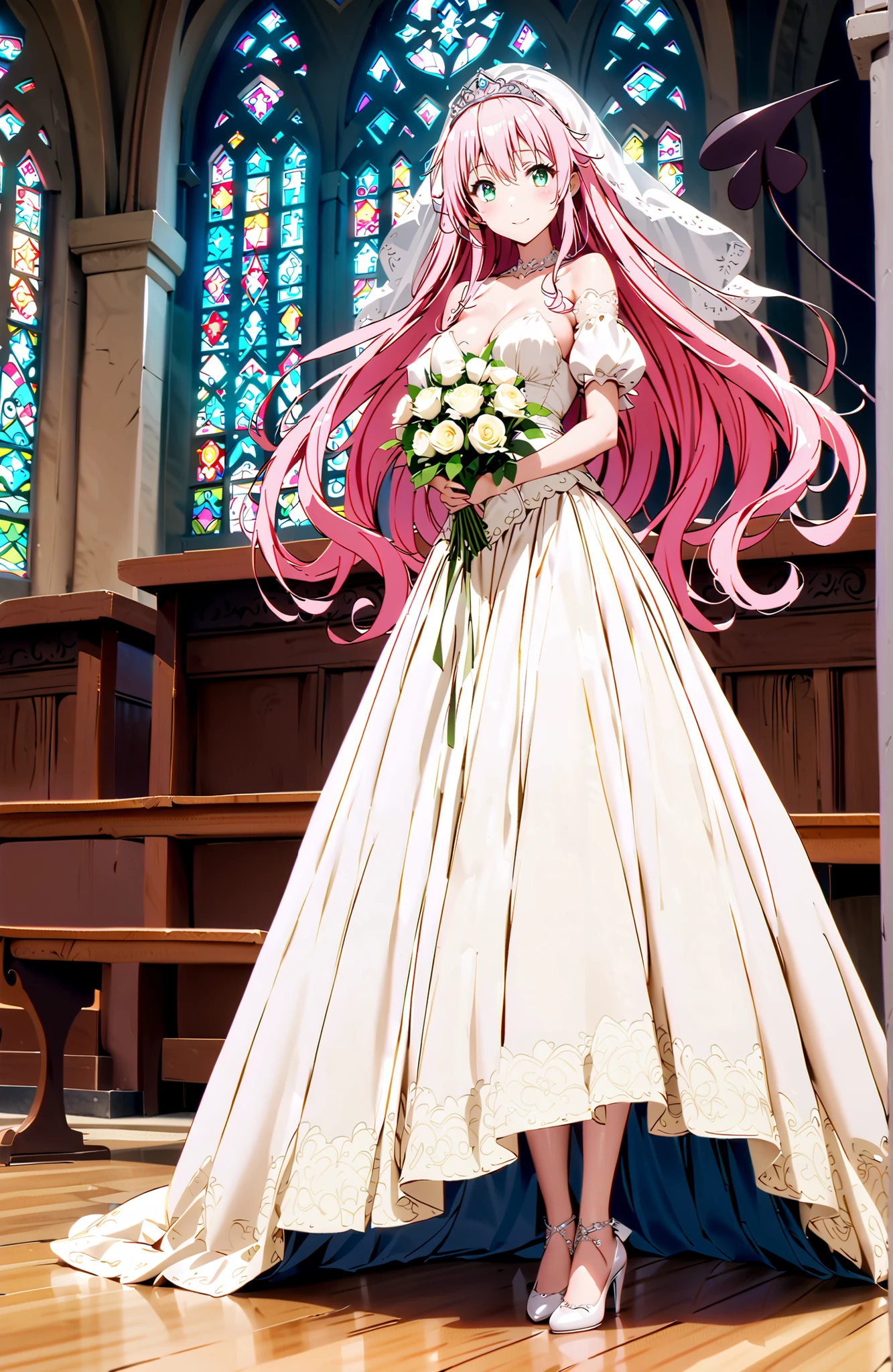 score_9, score_8_up, score_7_up, source_anime,
Lala Devilke , long hair, pink hair,stupid hair, bungs, green eyes,Demon Tail,tiara,Veil,Off Shoulder Wedding Dress,wedding long skirt,holding a bouquet of flowers with both hands,stained glass,standing,smile,blush,open your mouth,full bodyがイラストに入るように,in their 40s indoors,Chapel,church,
in their 40s looking at viewer,full body,
in their 40s (masterpiece:1.2),Highest Quality ,Kampala,unity 8k 壁紙,(shape:0.8),( fine and beautiful eyes :1.6),It's a person ,full body写真,CG Details , (perfect hand in h,complete anatomy),
indoor, Classroom, Bend down , smile,
make eye contact, shot by a cowboy, Dutch Angle, solo,