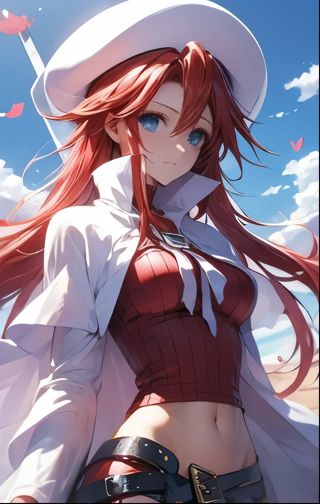 (((SFW、Highest quality、 first class masterpiece 、normal body 、32k、detailed face、super precise、normal hand、5 fingers、Highest)))、Atti(summon night)、Aty(summon night)、Beautiful Girl、Red-silver hair、 flowing hair 、beautiful breasts、slender、 slim、 can be used、A tattered red tight suit with torn skin exposed、 Navel Exposure 、super miniskirt、white beret、During combat、magic、 Magic Light 、sword、Sweep、fluid、Sword fighting