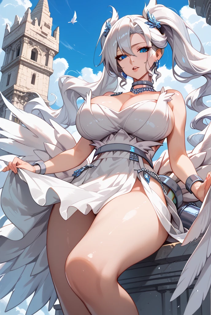 eleonora bonnefoy, sexy, (doggy style: 1.2), table top, (penetration: 1.2), silver hair, blue eyes, glamorous body, angel wings, (beautiful one-piece dress, pure white), (big breasts: 1.6), beautiful cleavage, (white elbow gloves), wide hips: 1.2, big ass: 1.3, (flapping in the sky, flying sexy pose, big), (four fingers, one thumb), (shooting, front, from below), (sky background, clouds, sun, bird, in the sky), (ultra-detailed animation, 32K ultra-high quality, masterpiece)
