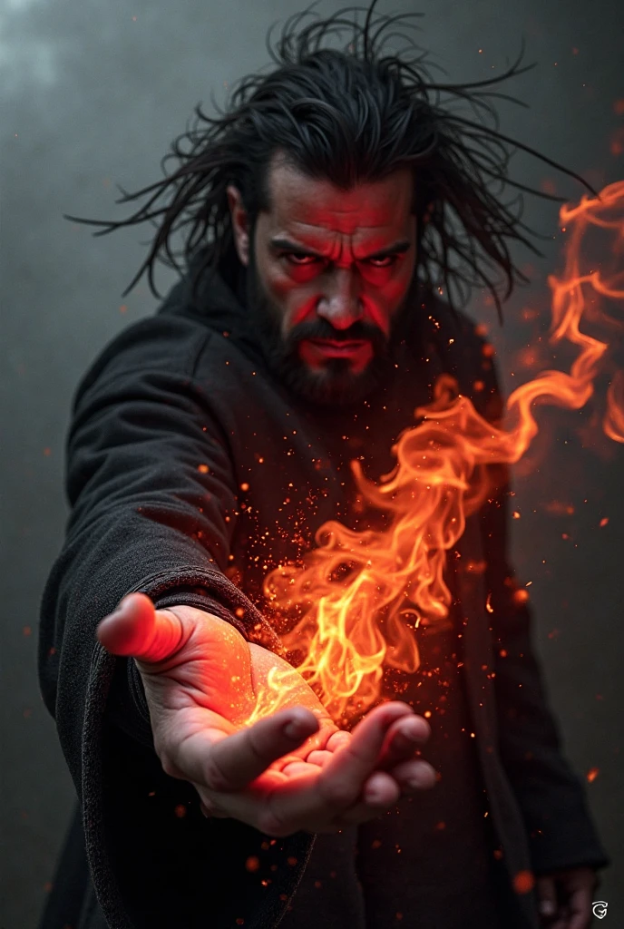 Create man with venom red hand make him more powerful grow hair without beard