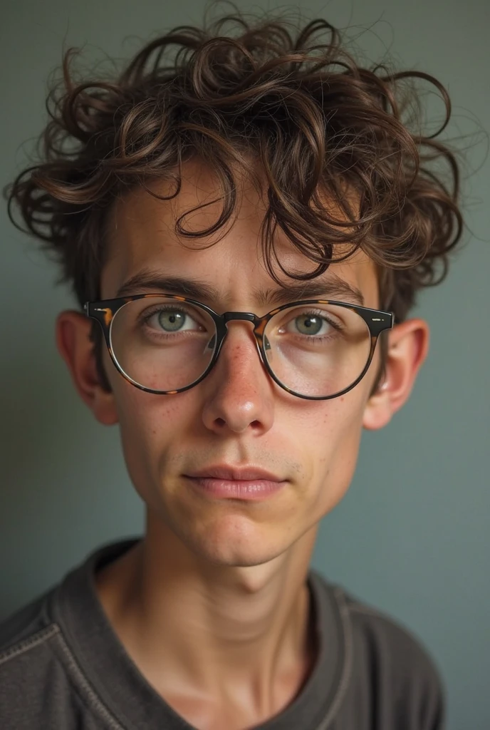 Young man with curly hair, shaved beard, glasses, brown, hairy, dark