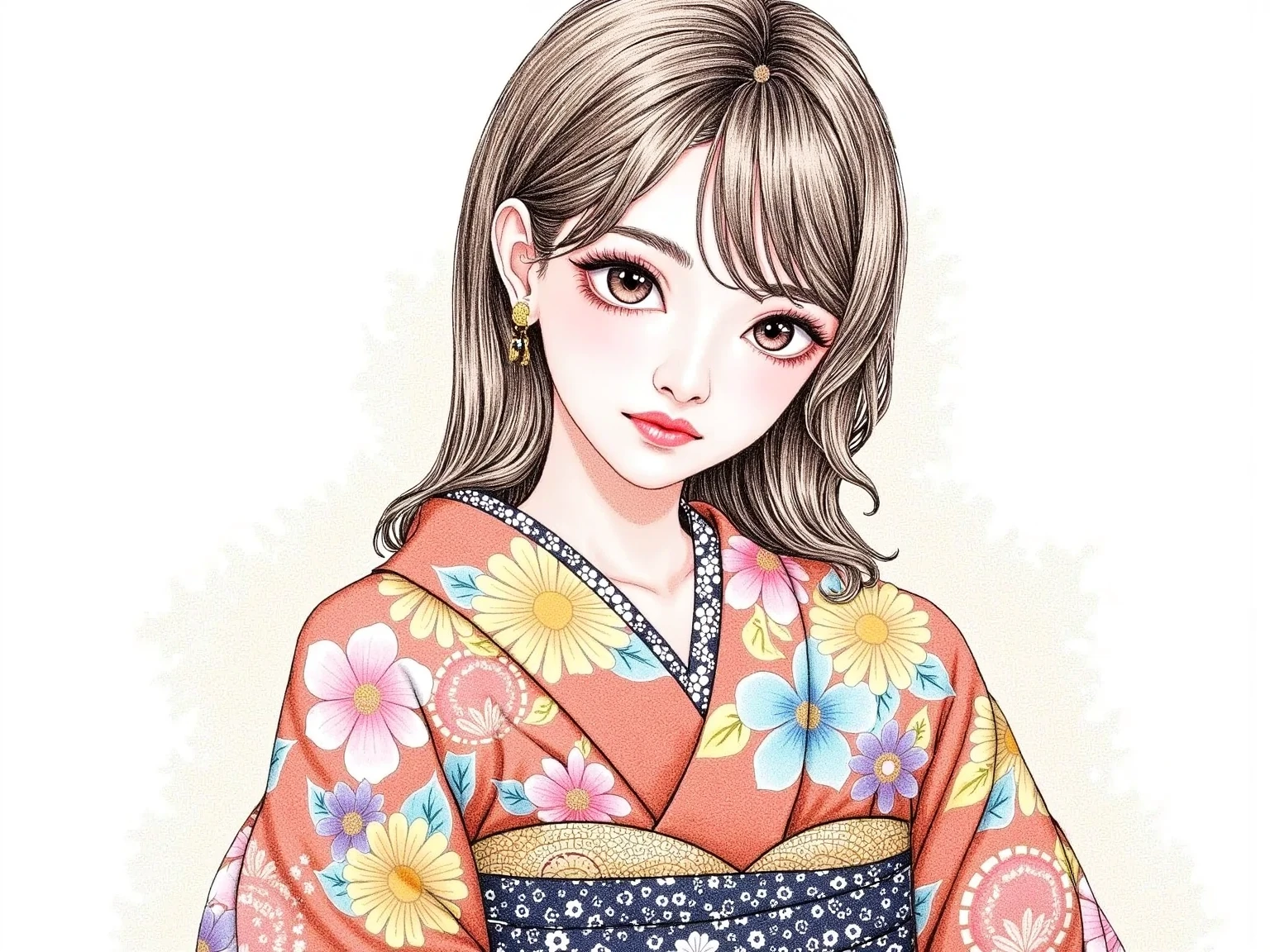 pop art、digital artwork、drawn with brown ink on white paper、Japanese kimono、White and brown brushstrokes、 melancholy expression、upper body、Thin slant 、very detailed and dynamic、 express shadows with precise lines 、Delicate and accurate expression、colorful shadows、modern art、