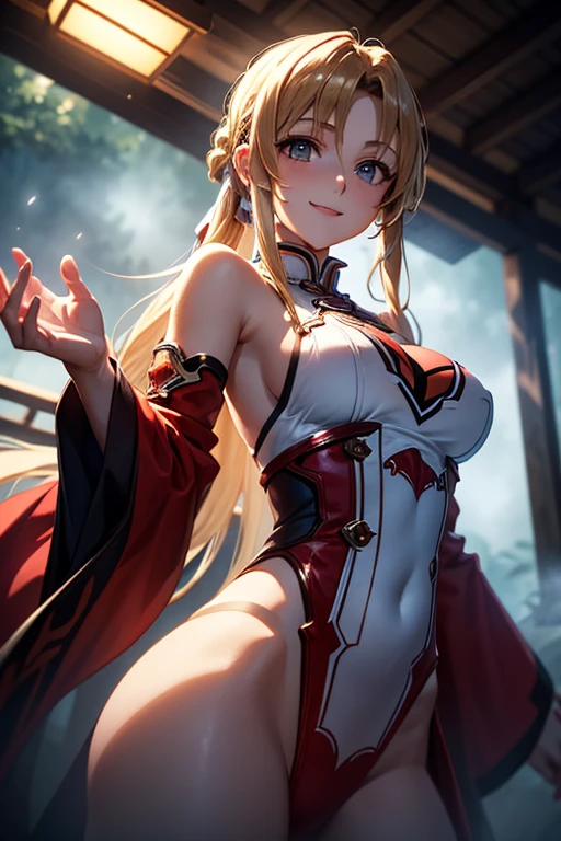 big breasts:0.4、masterpiece、Highly detailed CG unified 8k wallpaper、1girl、baby face、beautiful、real、blurry、blurry_background、blurry_foreground、branch、梅のflower、depth_of_field、flower、gem、nose、Realistic、blonde、solo、Miko costume、Hide fingers、Hide arms、just wear a bra、whole body、