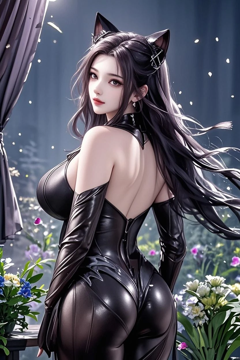1girl, golden eyes, long black hair, wearing black jumpsuit, armed, black gloves, voluptuous figure, garden, absurdres, high res, ultrasharp, 8k, masterpiece, wicked smile, lying on the ground, looking at viewer.