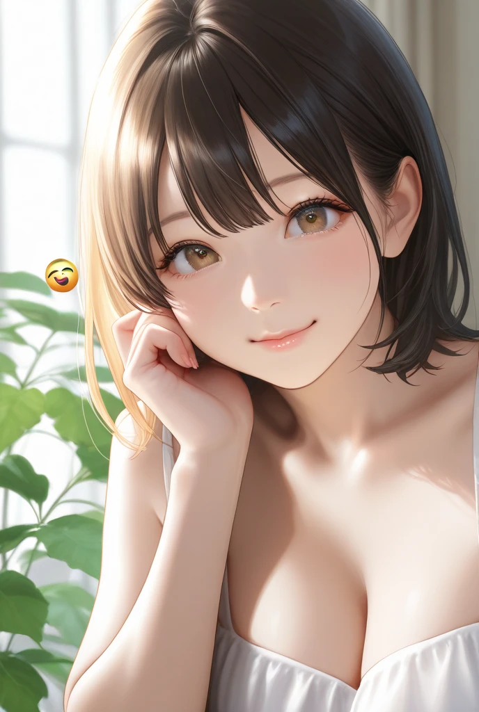 A 22 years old Japanese lady (( slender, small breast )), whole body, brown voluminous curly (( extra very short))hair, much shaggy forelock,(( white cardigan)) ((pink camisole ))((indigo damaged jeans)), (( corners of her mouth are rising)),((no background))((  black and light brown big round eyes, bright smile eyes wide with joy, eyelashes )), put her hands on her waist, lascivious atmosphere and pose , ((panama hat)), at a bedroom 