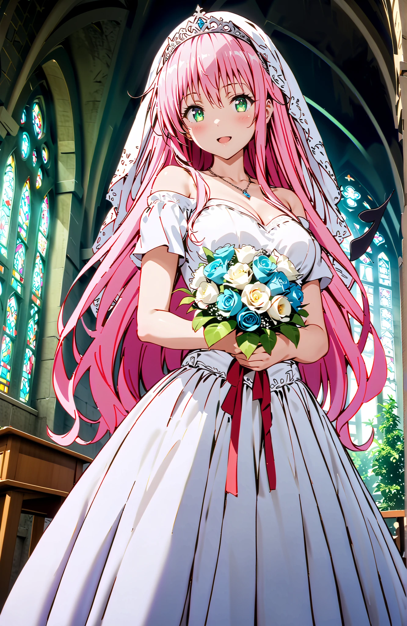 score_9, score_8_up, score_7_up, source_anime,
Lala Devilke , long hair, pink hair,stupid hair, bungs, green eyes,Demon Tail,tiara,Veil,Off Shoulder Wedding Dress,Short sleeve,necklace,wedding long skirt,holding a bouquet of flowers with both hands,stained glass,standing,smile,blush,open your mouth,full bodyがイラストに入るように,in their 40s indoors,Chapel,church,
in their 40s looking at viewer,full body,
in their 40s (masterpiece:1.2),Highest Quality ,Kampala,unity 8k 壁紙,(shape:0.8),( fine and beautiful eyes :1.6),It's a person ,full body写真,CG Details , (perfect hand in h,complete anatomy),
indoor, Classroom, Bend down , smile,
make eye contact, shot by a cowboy, Dutch Angle, solo,