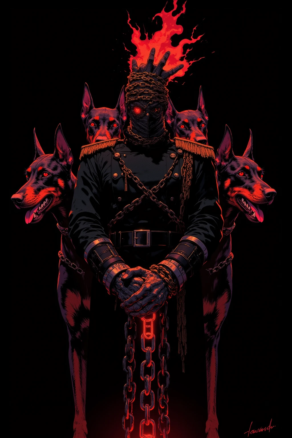 illustration of the right hand and Doberman, He has several heavy chain leads wrapped around his right hand、 He is accompanied by three huge Dobermans, The Doberman has black fur、redい目、 sharp fangs,dark fantasy style,high-definition precision drawing on a black background, Dramatic lighting, The soldier's uniform is clean,On a black base,dramatic backlighting on a black base accentuates the silhouette of the right hand and Cerberus, High-definition and intricate details、Heavy Atmosphere, The color is composed mainly of black 、red、ダークグレーを基調にドーベルマンに炎や目のred, Accentuated with the shine of metal,only let the right hand appear