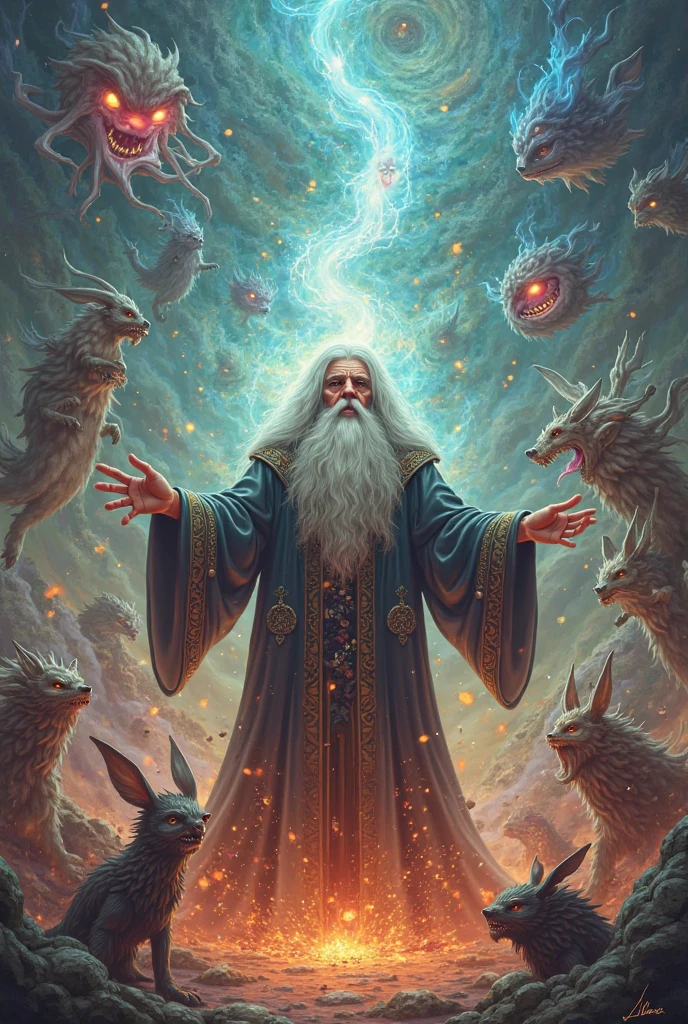 A powerful wizard fighting demons