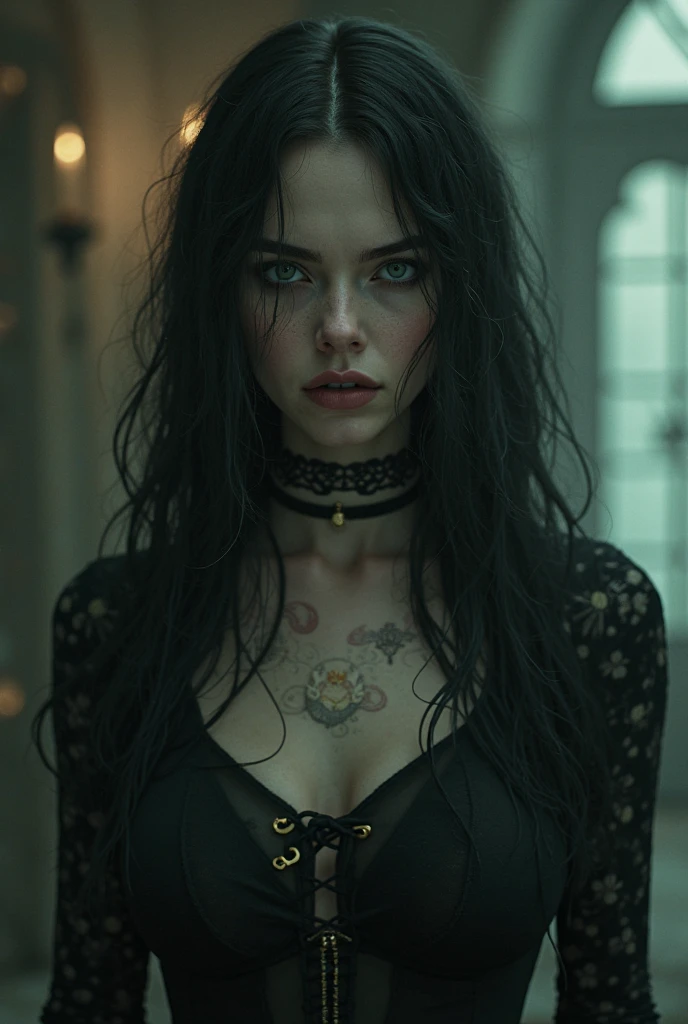 (best quality,4k,8k,highres,masterpiece:1.2), ultra-detailed, realistic:1.37, muscular,girl,gothic castle backdrop, soft candlelight, dark style, portrait style,detailed eyes,detailed lips,long eyelashes, intimidating presence, strong physique, mysterious expression, flowing dark hair, dramatic lighting, haunting atmosphere