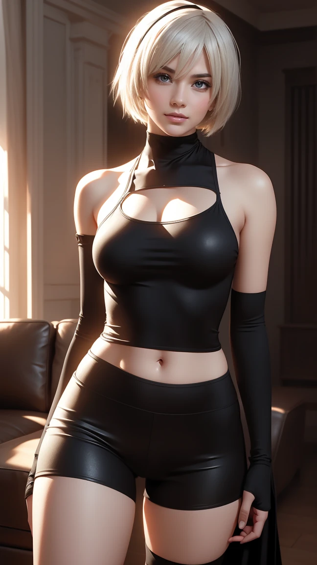 Ultra realistic, real girl, 16K, best quality, High resolution, hot atmosphere, dream atmosphere, 1 girl, 18 years old, short golden hair, cute bangs over the forehead, blue eyes, sexy eyes look, pale white skin, wearing alternative black outfit, earrings, fit slim body, big natural breasts, realistic slim hot body, tall and hot girl, seductive, sensual posture, big hips, thick legs, torn clothes, blurred background, Depth, dream aesthetic, Atmosphere of dream, cinematic lighting.