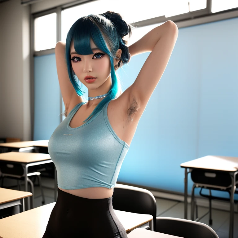 Sheer tank top、Transparent nipples、Big Tits、See-through underwear、pantyhose/stockings、classroom、School、Open your legs、Blue Hair