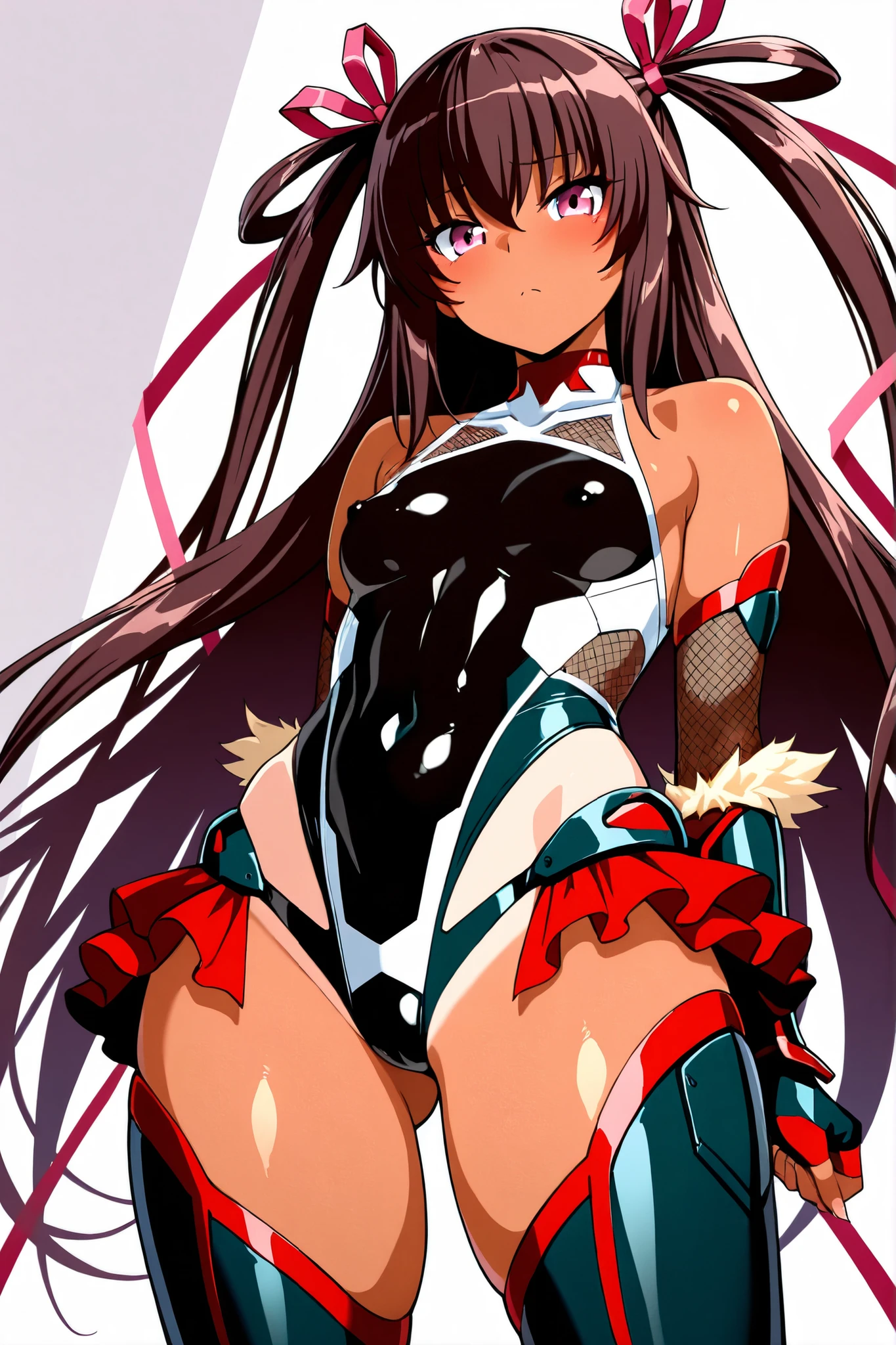 8k,best quality,masterpiece, highest quality, High resolution ,Mizuki Yukikaze, Hair Ribbon, Black leotard, Taimanin suit, skinny,flat tits,One Piece Tan, Elbow Bag, Fingerless gloves, Frilled leotard, Thigh-high boots,