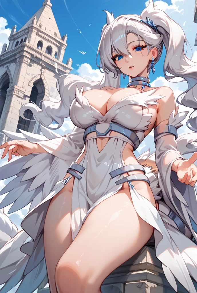 long white robe, White color hair, (White gloves), ((white long boots)), ((((Four pairs of wings,Huge white wings)))), white backgrounid, White hair, ahoge, Long hair, hair between eye, Very long hair, Shiny hair, hair splayed out, Absurdly long hair, huge ahoge, Halo, (clover hair ornament), red color eyes,Crystal earrings, Light smile, High detail, anime big breast, Minimalism, Anime style, Verism, Chiaroscuro, Depth of field, Cinematic lighting, Ray tracing, shadowing, Vignetting, hyper HD, Masterpiece, ccurate, Anatomically correct, Textured skin, Super detail, High details, High quality, Award-Awarded, Best quality, A high resolution, 16k,Full body like,Standing painting,correct hand