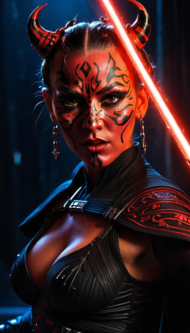 a female darth maul, topless, naked, all natural, with natural breasts, dramatic cinematic star wars scene, full body shoot, dramatic light sabber fight scene, red glowing light sabber, ultra-detailed, 8k, hyperrealistic, beautiful detailed eyes, beautiful detailed lips, extremely detailed face and body, long eyelashes, dramatic lighting, epic sci-fi atmosphere, dark sci-fi, dramatic shadows, dynamic pose