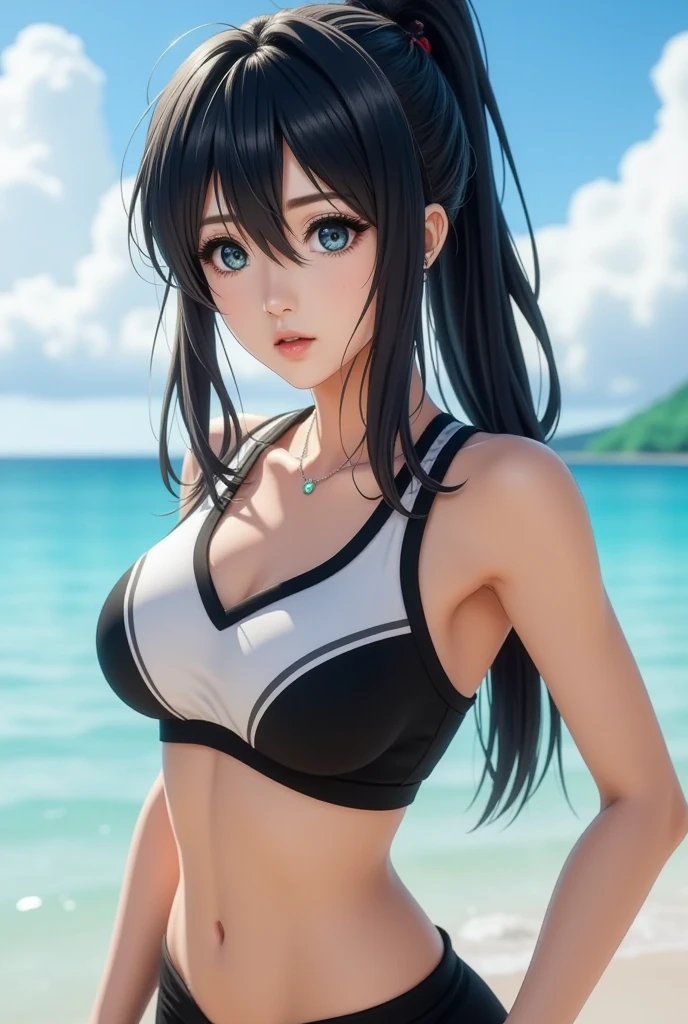 ((((masterpiece)))), high quality, very_high_resolution, large_filesize, full color, bikini, gold eyes, black hair, rainbow hair, silver bracelet, Cuban link necklace, cute, adorable, beautiful, high contrast, colorful, 5 fingers, slim body, jewelry, long hair, pony tail, hoop gold earrings, confident